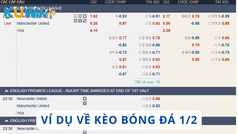 Ví dụ dễ hiểu về kèo cược chấp bóng đá 1/2